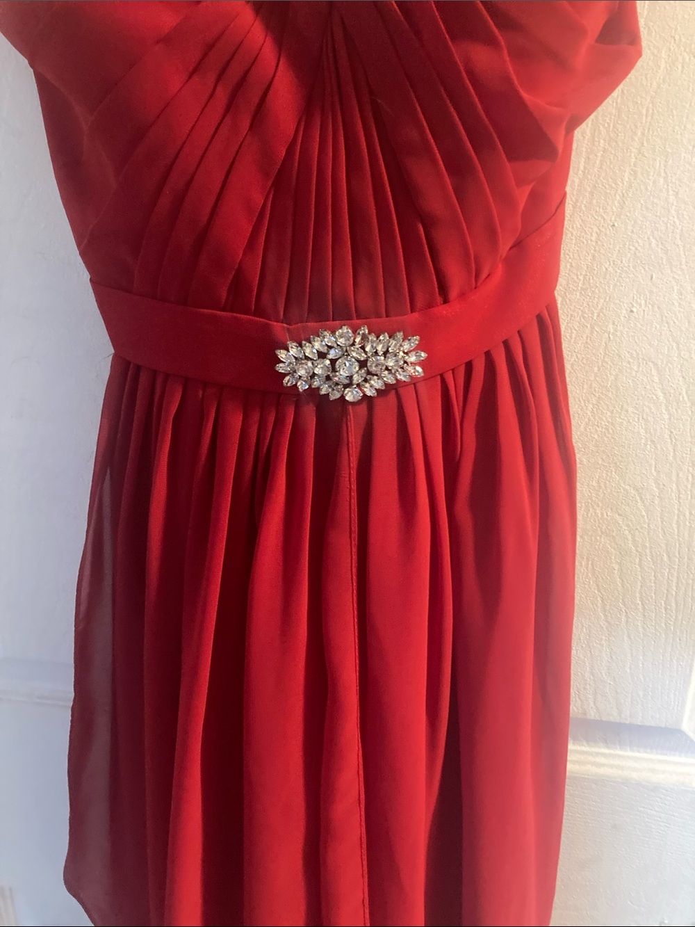 Milano Formals Red Chiffon Sweetheart Bodice Dress with Rhinestone Accent